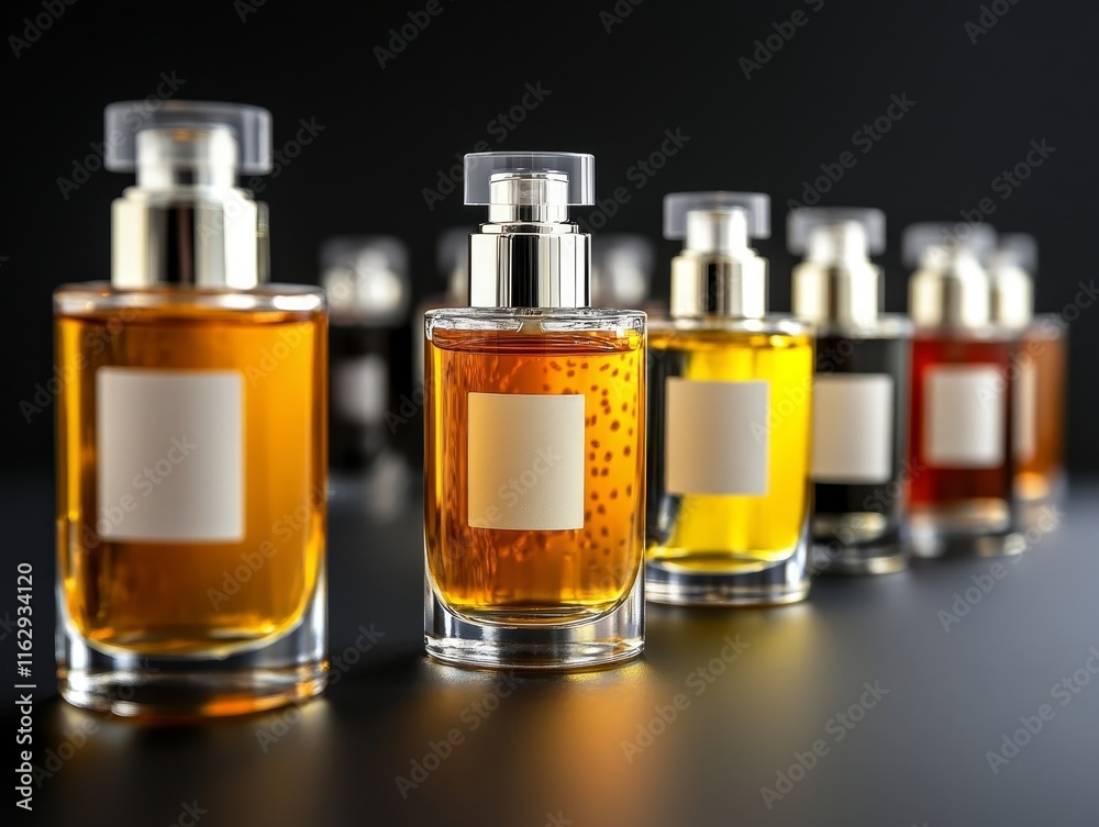 A collection of elegant perfume, mockup bottle with varying shades, showcasing fragrance diversity. A collection of elegant perfume, mockup bottle with varying shades, showcasing fragrance diversity.