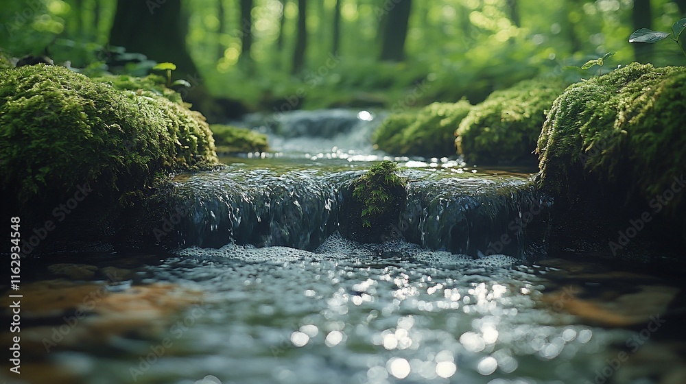 Fototapeta premium Serene Forest Stream Flowing Over Mossy Rocks