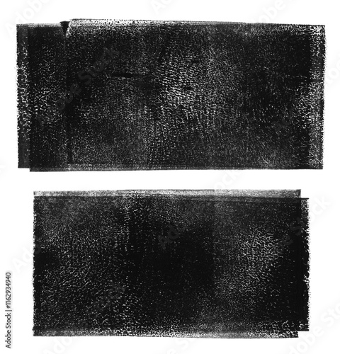 Linocut, relief printing layered rectangle grungy textures set. Paint roller stains collection, textured lino ink remains. Black and white artistic linocutting text backgrounds, uneven edge
