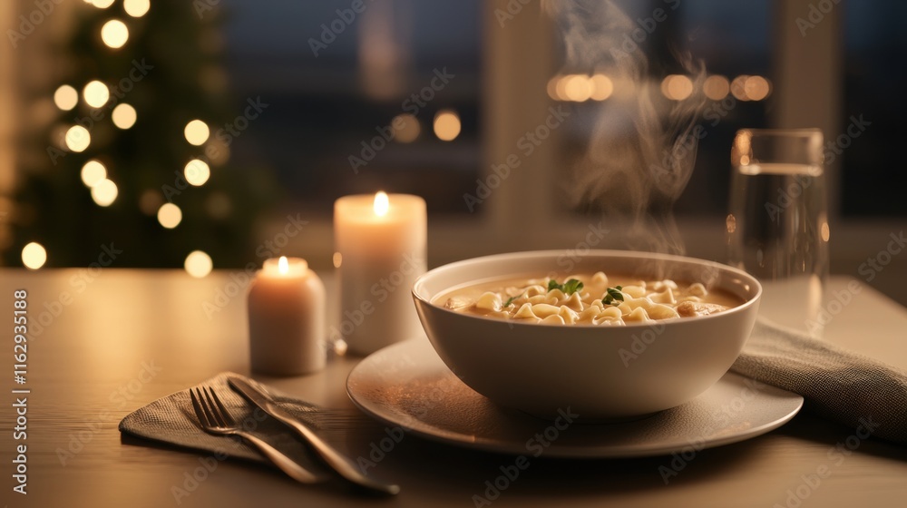 A bowl of soup is on a table with candles and a glass of water