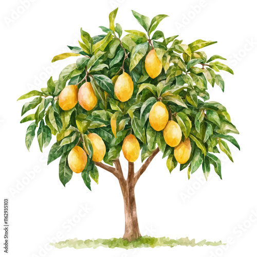 A watercolor of a mango tree, isolated on a white background. Mango vector.
