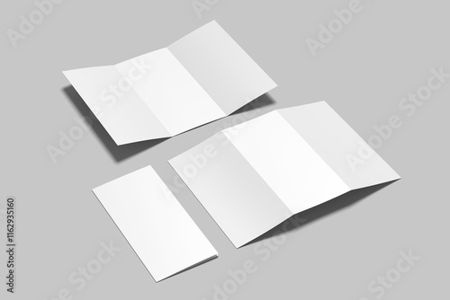 Tri fold vertical card mockups, flyer, brochure or invitation mockup, blank tri fold brochure template, 3D render illustration