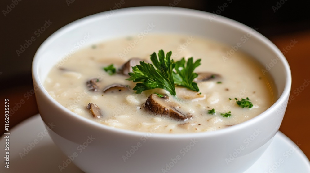A bowl of creamy mushroom soup with parsley on top A bowl of creamy mushroom soup with parsley on top