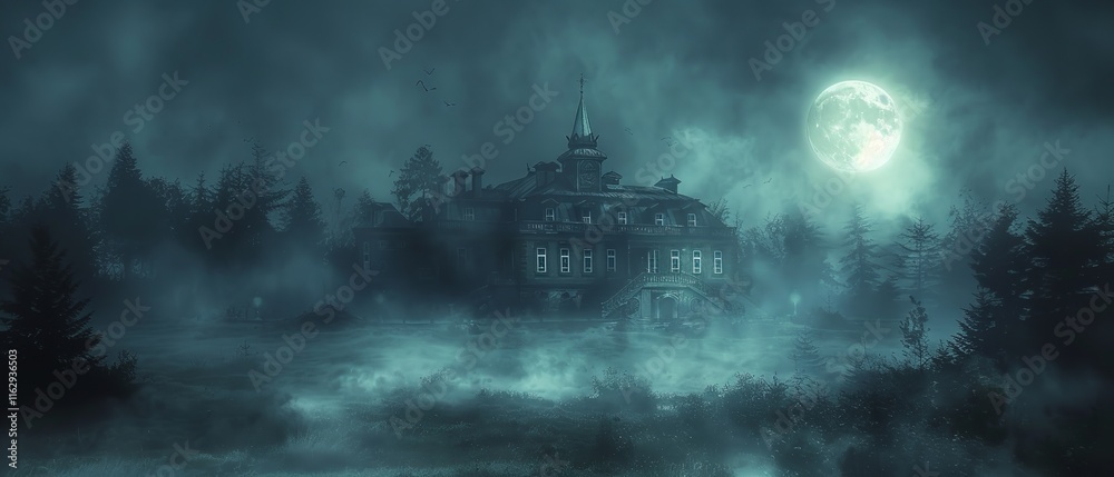A haunting sight at night of an ancient home encircled by fog and lit by the full moon, Generative AI. A haunting sight at night of an ancient home encircled by fog and lit by the full moon, Generative AI.