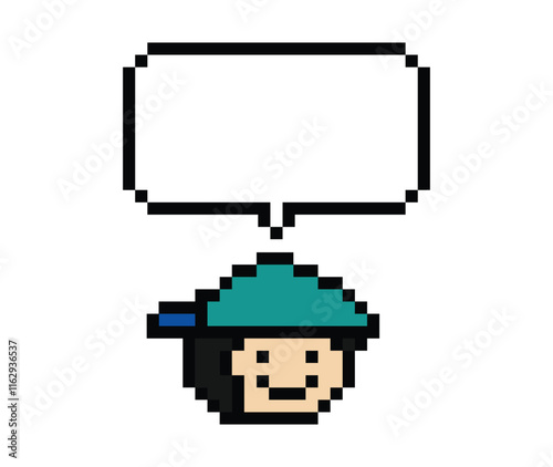 Cartoon pixel cute character man face with chat box blank decoration 8 bit male boy say speak discuss idea chat box cartoon pixel game 8bit png vector.