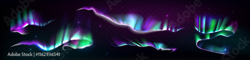 Abstract northern lights effect set. Multi-colored decorative glowing floating shapes on a dark background. Collection gradient  holographik shapes