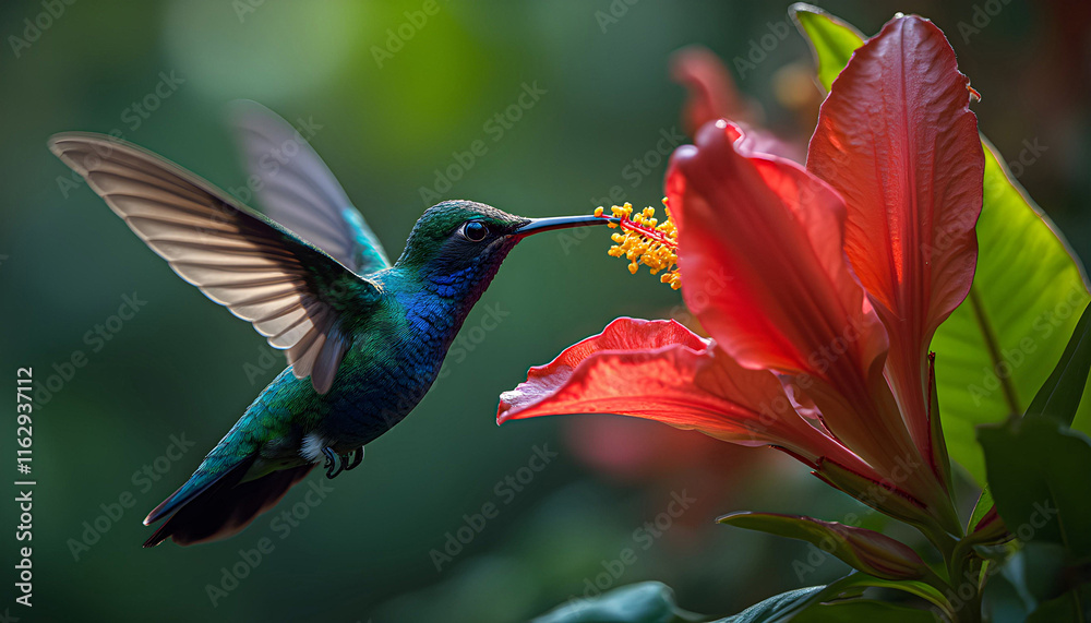 Fototapeta premium Blue hummingbird Violet Sabrewing flying next to beautiful red flower. Tinny bird fly in jungle. Wildlife in tropic Costa Rica. Two bird sucking nectar from bloom in the forest. Bird behaviour 