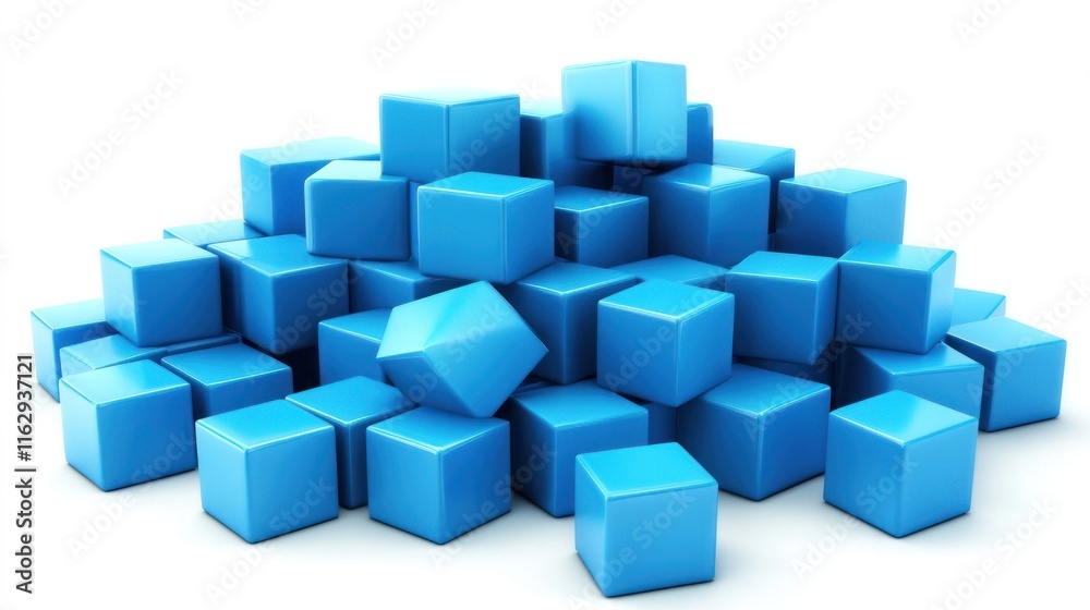 Abstract 3D Render of a Pile of Blue Cubes, a digital illustration showcasing a collection of glossy blue blocks arranged in a haphazard pile against a stark white background. Abstract 3D Render of a Pile of Blue Cubes, a digital illustration showcasing a collection of glossy blue blocks arranged in a haphazard pile against a stark white background.