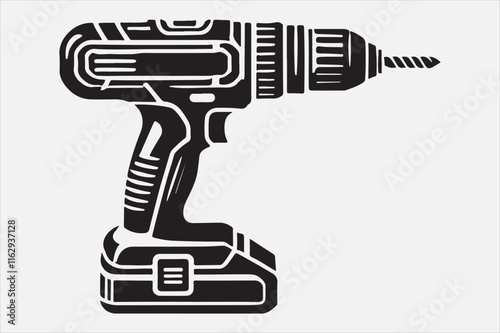 A black and white illustration of a cordless power drill.