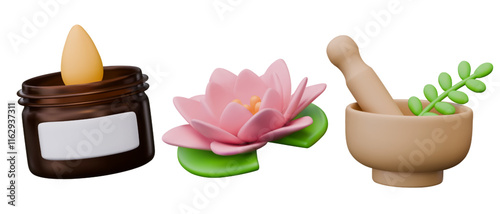 Set of 3D creative icons for spa business. Jar with aroma candle, lotus, mortar with pestle, herbs