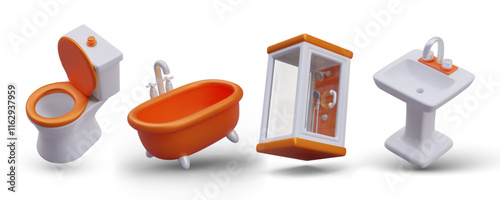 3D bathroom interior items. Modern plumbing for home, hotel