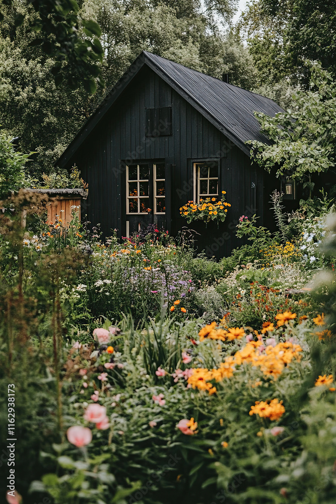 Nestled in a picturesque setting, this enchanting black cottage is encircled by a lively garden bursting with color, where flowers are in full bloom, basking in the warmth of sunny daylight. Nestled in a picturesque setting, this enchanting black cottage is encircled by a lively garden bursting with color, where flowers are in full bloom, basking in the warmth of sunny daylight.