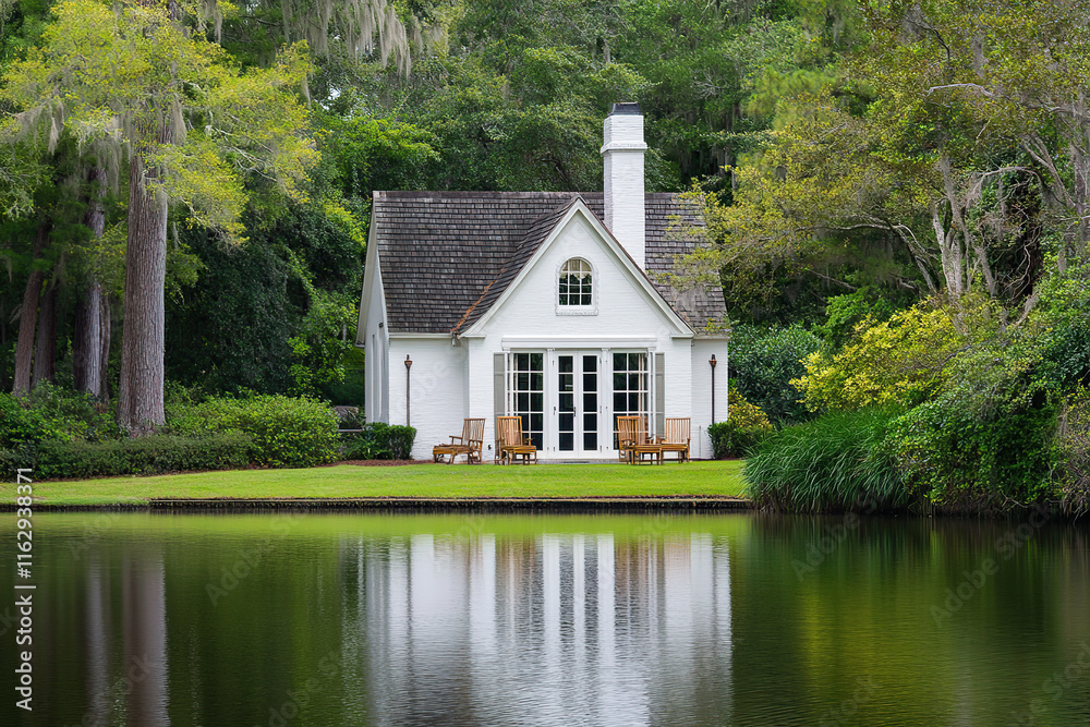 Obraz premium Nestled in the heart of nature, a charming lakeside cottage offers a serene retreat, embraced by vibrant greenery. On a bright, sunny day.