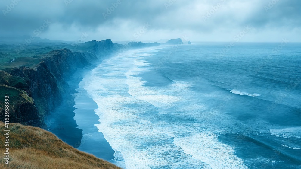 Naklejka premium Dramatic Coastal Cliffs And Ocean Waves Under A Cloudy Sky