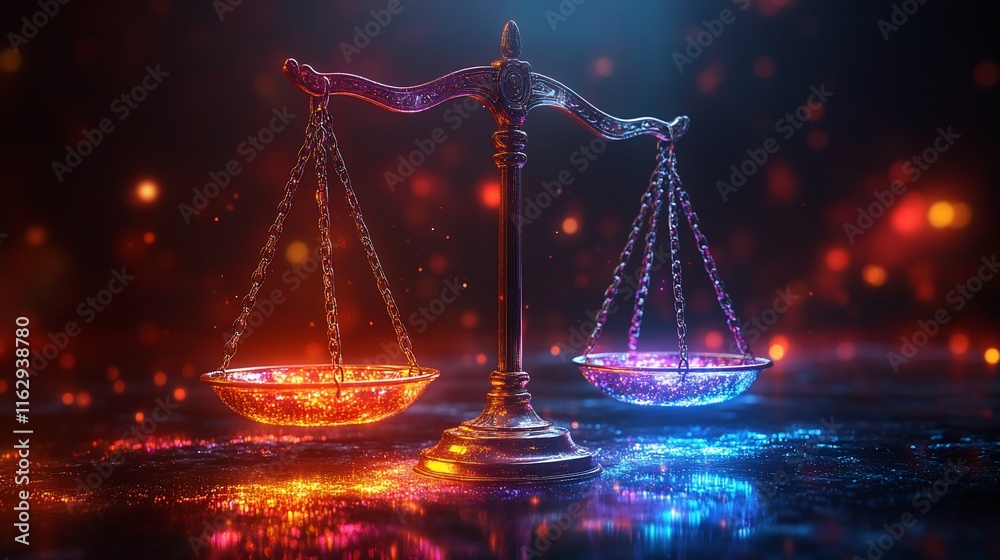 Glowing Scales of Justice: A Digital Artwork Depicting Balance, Fairness, and the Pursuit of Equilibrium in a Mystical Setting. Glowing Scales of Justice: A Digital Artwork Depicting Balance, Fairness, and the Pursuit of Equilibrium in a Mystical Setting.