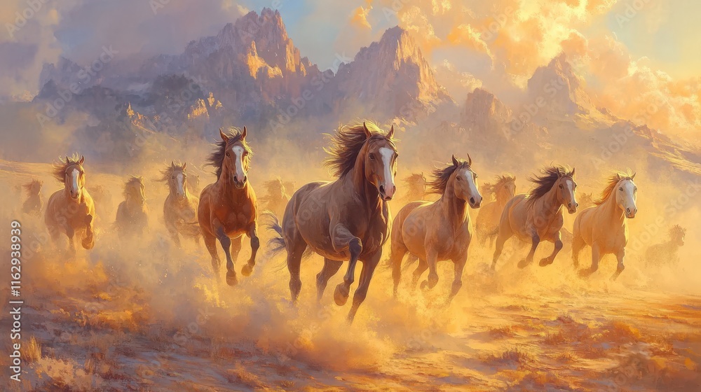Fototapeta premium Wild Horses Galloping Across Golden Plains Under Sunset