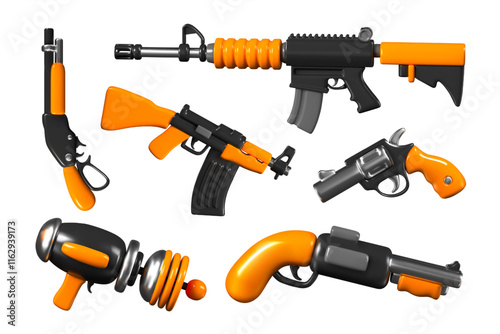 Rifle, shotgun, machine gun, drum revolver, blaster on white background