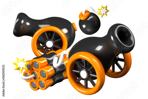Vector composition for design with vintage artillery. Explosive concept in cartoon style