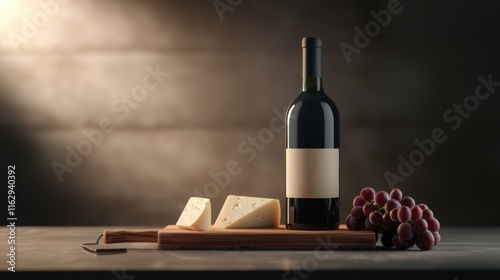 A bottle of wine is on a wooden board with a wedge of cheese