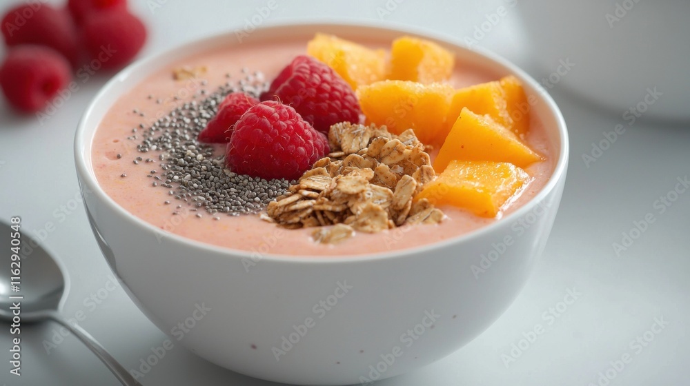 A bowl of fruit and granola with a spoon in it A bowl of fruit and granola with a spoon in it