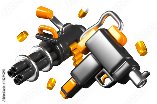 Realistic minigun and uzi gun, bullets. Vector models in floating position on white background