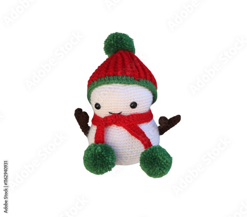 Adorable crochet snowman wearing red and green winter clothes on transparent background photo