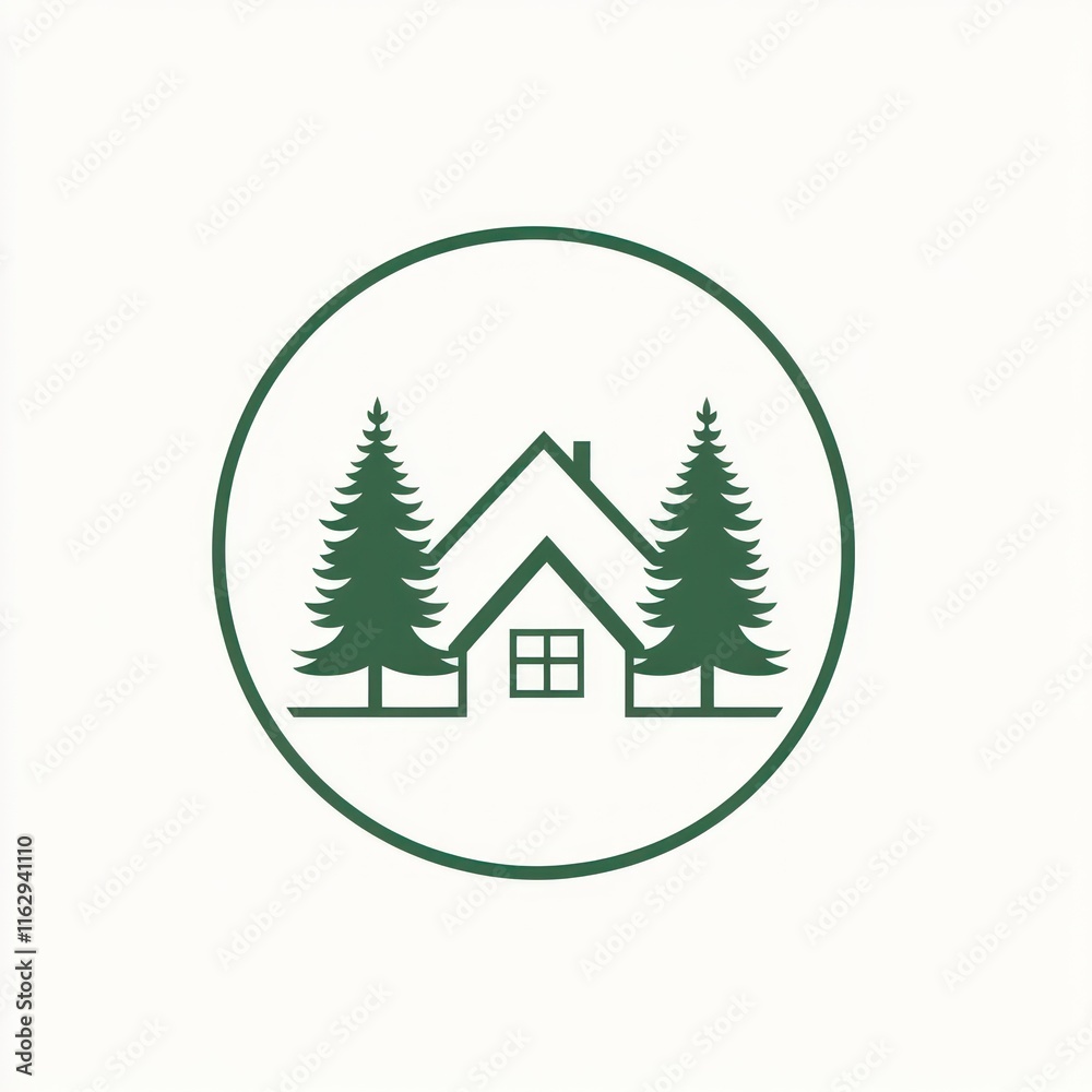 Fototapeta premium Green House nestled between two evergreen trees