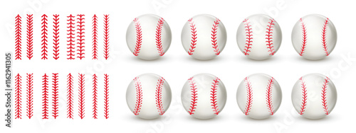 Baseball ball and red stitch set isolated on white background