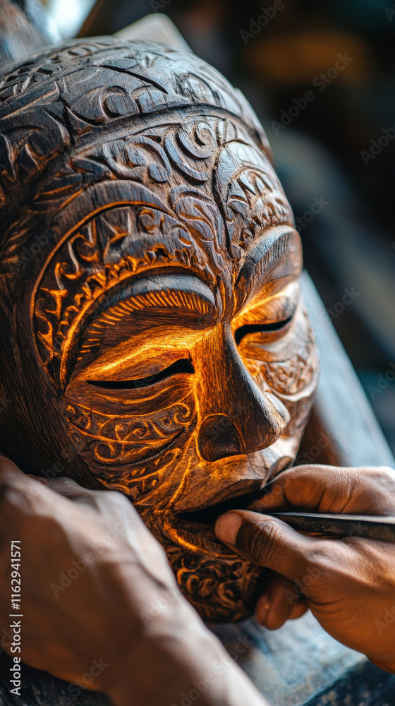 Obraz premium Detailed close-up of wooden mask carving with radiant highlights: Black history month