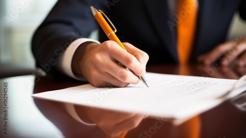 Close-Up of Hand Writing with Orange Wooden Pencil on Paper Document in Soft Natural Lighting photo