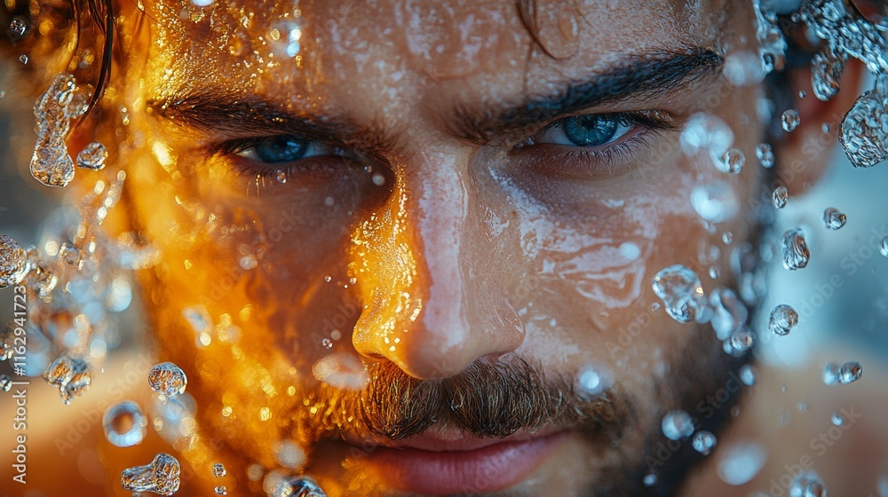 Intense portrait of a man with water splashes Intense portrait of a man with water splashes