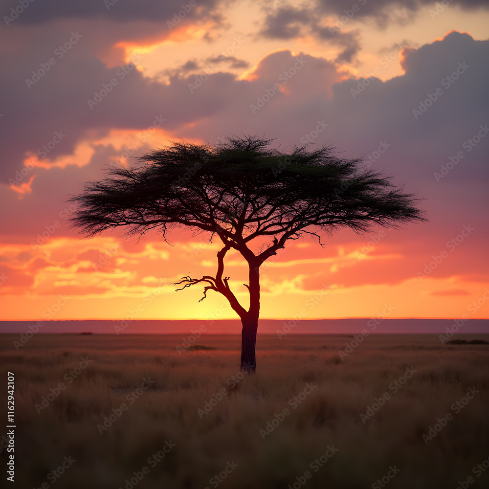 The endless horizon of the Serengeti, with a single acacia tree silhouetted against the sky.
The endless horizon of the Serengeti, with a single acacia tree silhouetted against the sky.