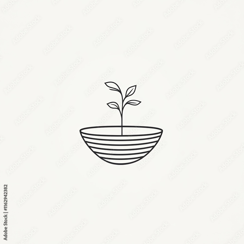 Minimalist line art of a plant with leaves sprouting from a striped half-circle pot on a light background Minimalist line art of a plant with leaves sprouting from a striped half-circle pot on a light background