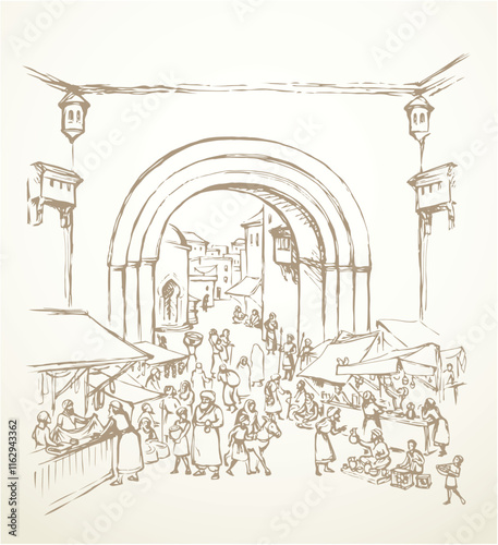 Antique orient religious heritage outdoor vendors man crowd scenic view. Retro fez gate built castle on white background. Brown hand drawn saudi rabat bazar quarter sketch in art cartoon history style
