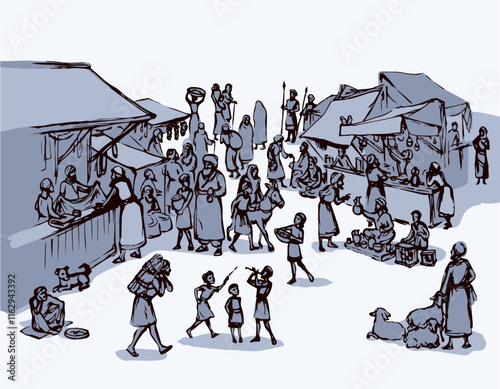 Biblical hebrew religion vendors kasbah women scene. Orient heritage Omani view. Antique fes pottery souq on white background. Saudi rabat bazar quarter picture sketch in vector iraq art graphic style