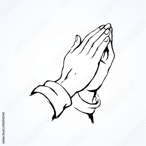 Sin beg supplication on white background. Outline love praise concept logo pictogram. Line black ink drawn old monk thank fold clap emblem in retro art engrave cartoon style on paper space for text