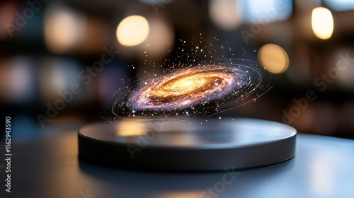 An artistic representation of a rotating galaxy, set against a blurred library backdrop, evoking curiosity and wonder.