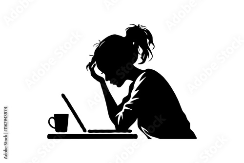 Woman leaning on a laptop on a white background, depicting feelings of stress and frustration, burnout at work