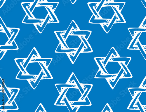 Old kosher judaic chanukkah magen shape heritage backdrop. God torah chanukah yiddish day logo emblem. White chalk hand drawn zion ethnic hannukah sketch in retro art doodle cartoon style on bright bl