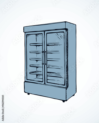 Big chiller show ice soda good case icebox stand on white background. Line black hand draw empty rack chest box cafe aisle device symbol sign in art modern doodle cartoon style on paper space for text
