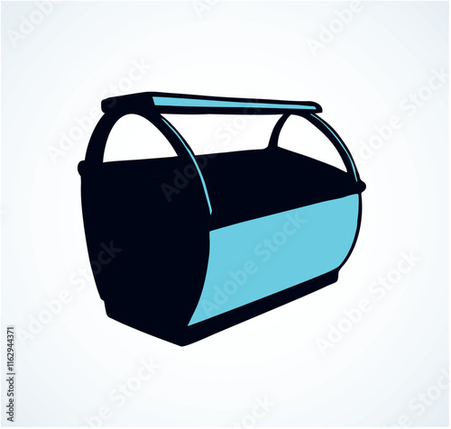 Chiller show icebox shelf stand on light background. Line black hand draw empty rack chest box. Cafe aisle device symbol sign in art modern doodle cartoon style on paper space for text. Closeup view