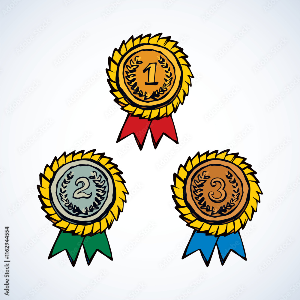 Contest first olympic athlete leader hero medalist gold metal pin round wreath element. Bright color hand drawn warranty heraldic logo border in retro art cartoon graphic style on white space for text Contest first olympic athlete leader hero medalist gold metal pin round wreath element. Bright color hand drawn warranty heraldic logo border in retro art cartoon graphic style on white space for text