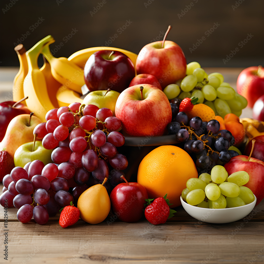 Bountiful Harvest: An Array of Colorful, Fresh Fruits on a Wooden Table Illuminated by Natural Light Bountiful Harvest: An Array of Colorful, Fresh Fruits on a Wooden Table Illuminated by Natural Light