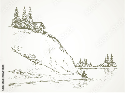Wood pine hut on high riverside cliff. Sad calm lone young girl on space for text on white sky. Wild spring Alpine waterfront pond scenic view picture in art vintage hand drawn black ink graphic style