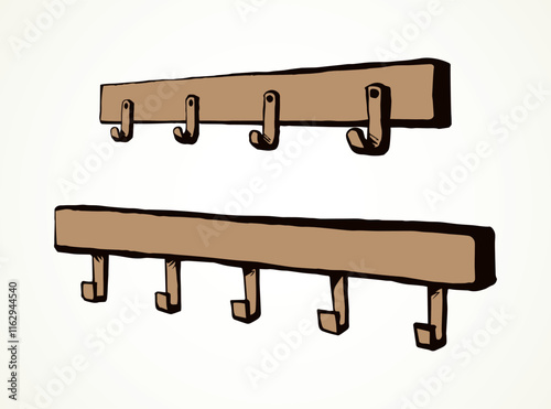 Old timber bath peg plank panel decor on white hall backdrop. Outline black ink hand drawn decoration object logo emblem in retro art doodle cartoon style on space for text. Closeup holder pictogram