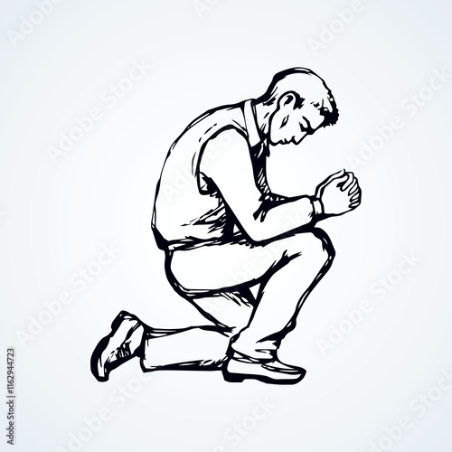 Sin depressed sorrow worry supplication on white background. Line love praise palm concept logo pictogram. Black drawn young thank plead fold soul body finger emblem in retro art doodle cartoon style