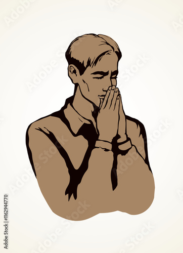 Sin depressed sorrow worry supplication on white background. Line love praise palm concept logo pictogram. Black drawn young thank plead fold soul body finger emblem in retro art doodle cartoon style