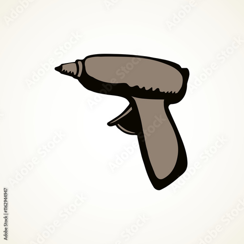 Handle home build job turn motor object on white wooden space for text. Outline black drawn labor install plastic cord hole machine logo pictogram sign in modern art doodle cartoon style. Closeup view