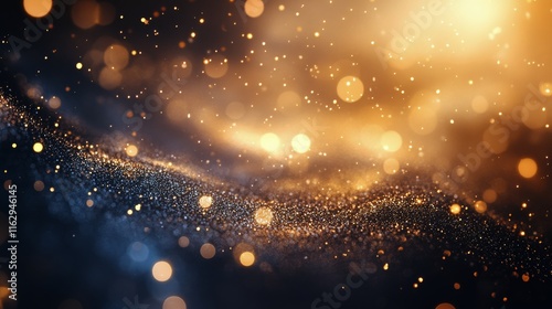 Sparkling golden particles creating a magical wave effect in a dark background
