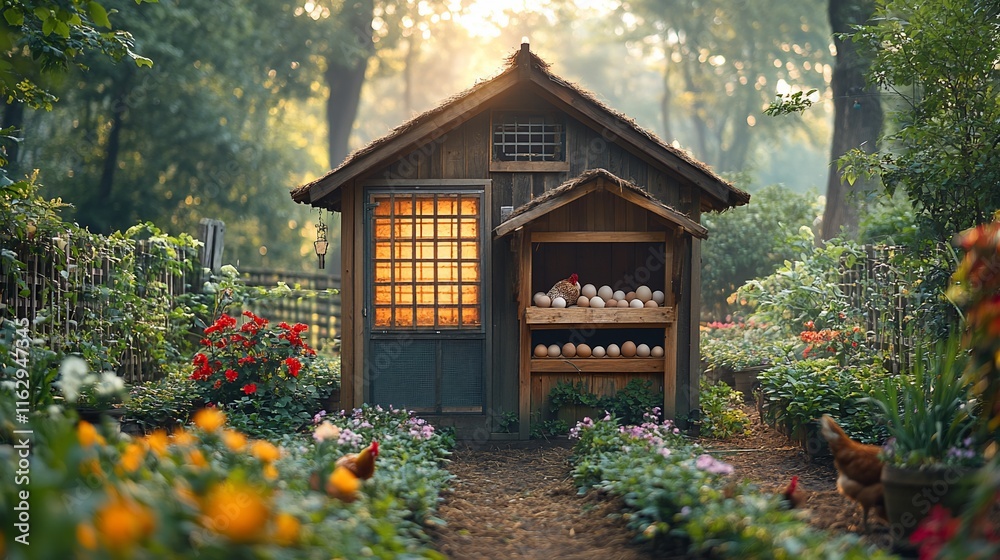 Wooden Chicken Coop Nestled In A Lush Garden Setting Wooden Chicken Coop Nestled In A Lush Garden Setting
